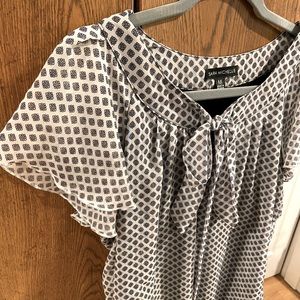 White + Black Tie Front Flutter Sleeve Blouse